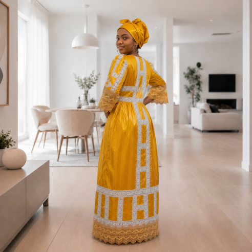 Robe en bazin jaune - Broderies blanches et finitions dentelle