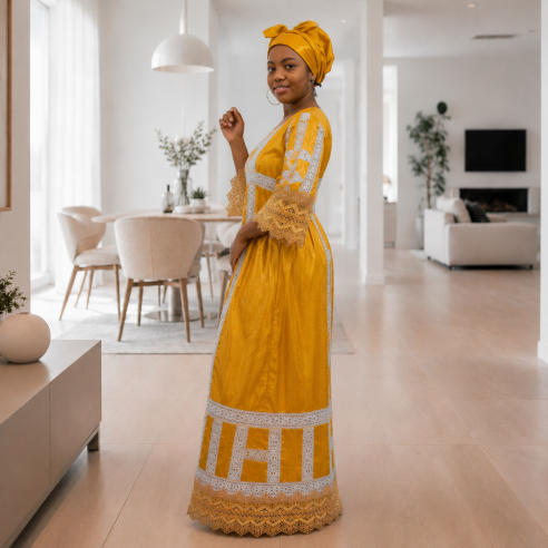 Robe en bazin jaune - Broderies blanches et finitions dentelle