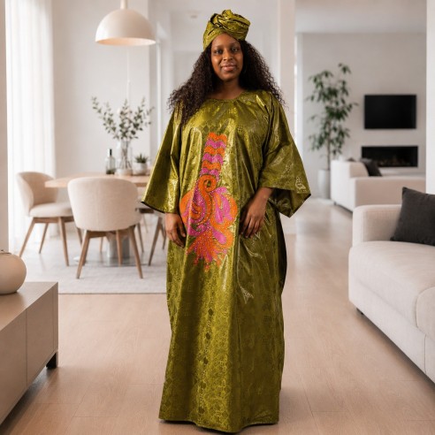 Robe en bazin Getzner - broderies orange et fuchsia