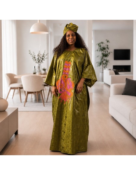 Robe en bazin Getzner - broderies orange et fuchsia