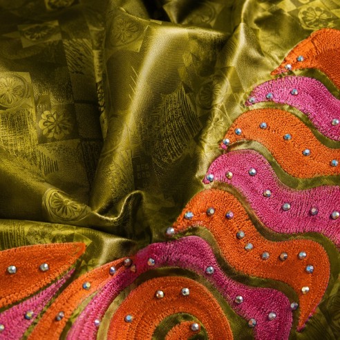 Robe en bazin Getzner - broderies orange et fuchsia