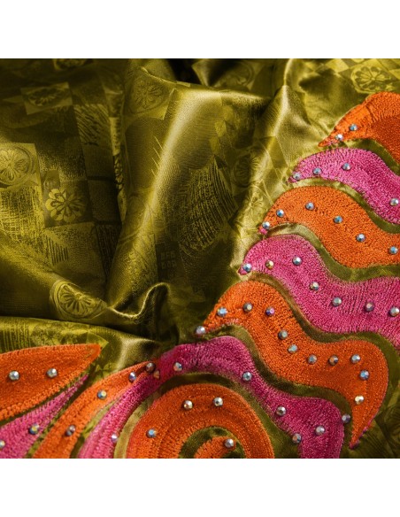 Robe en bazin Getzner - broderies orange et fuchsia