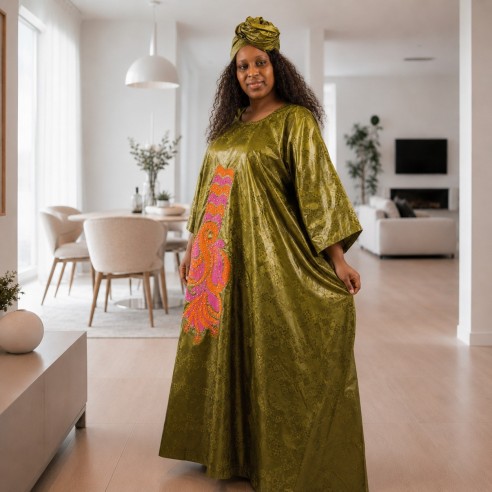Robe en bazin Getzner - broderies orange et fuchsia
