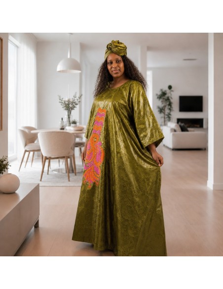 Robe en bazin Getzner - broderies orange et fuchsia