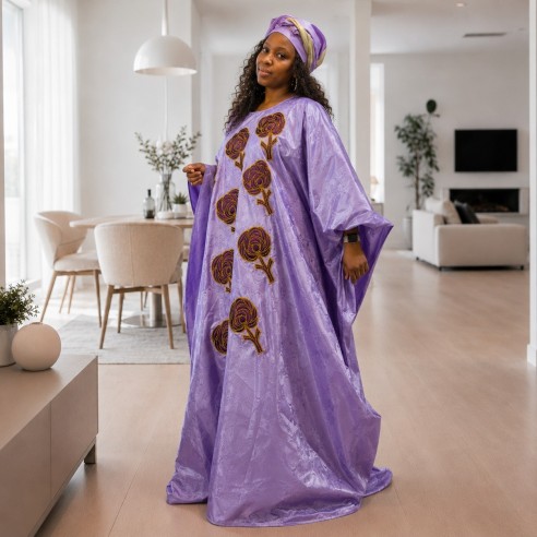 Robe longue lilas - motifs floraux brodés