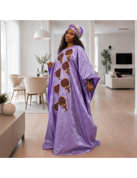 Robe longue lilas - motifs floraux brodés