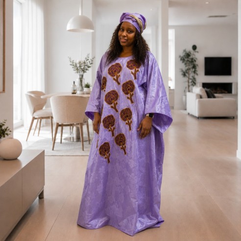Robe longue lilas - motifs floraux brodés