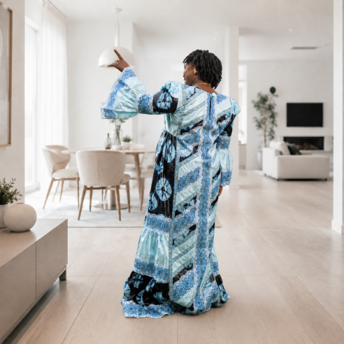 Robe Taille Mame en Ngarra & Bazin Getzner – Bleu Ciel