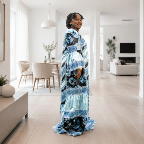 Robe Taille Mame en Ngarra & Bazin Getzner – Bleu Ciel