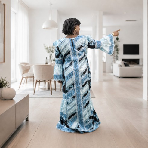 Robe Taille Mame en Ngarra & Bazin Getzner – Bleu Ciel