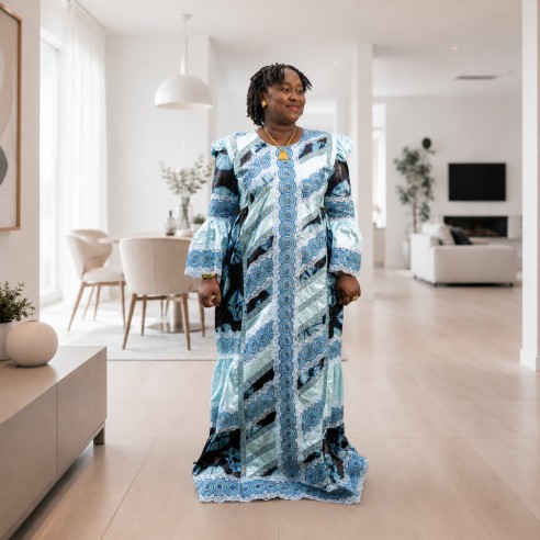 Robe Taille Mame en Ngarra & Bazin Getzner – Bleu Ciel