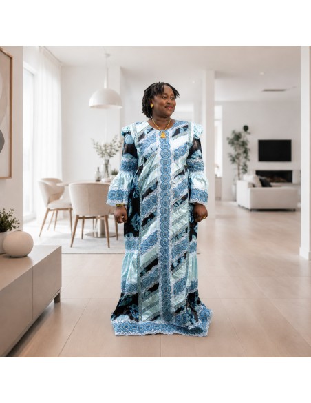 Robe Taille Mame en Ngarra & Bazin Getzner – Bleu Ciel