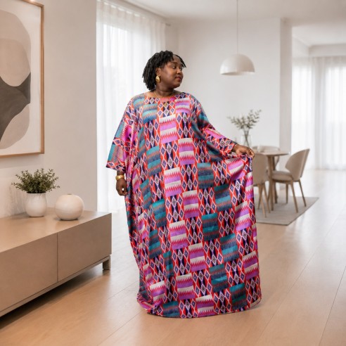 Robe en Soie – Motifs Géométriques Multicolores