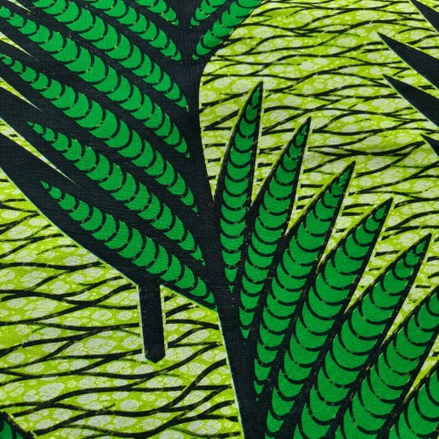Tissu Wax Hollantex Vert Tropical - Motif Feuilles Graphiques