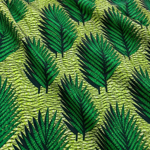 Tissu Wax Hollantex Vert Tropical - Motif Feuilles Graphiques
