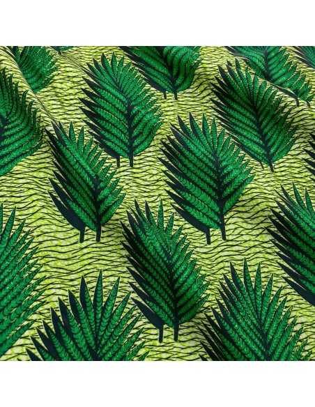 Tissu Wax Hollantex Vert Tropical - Motif Feuilles Graphiques