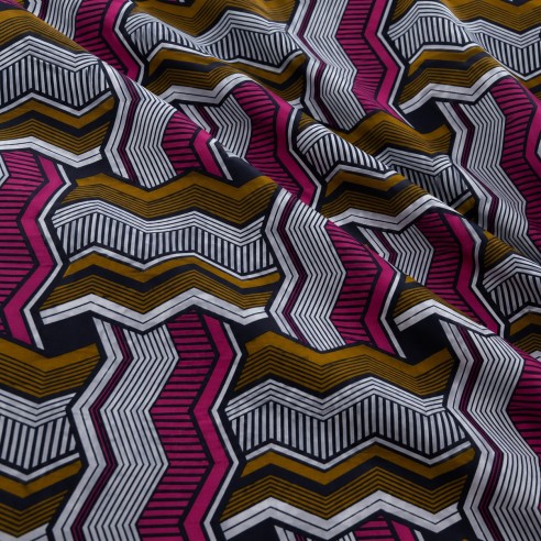 Tissu Wax Hollantex - Motifs Géométriques Rose Fuchsia & Ocre