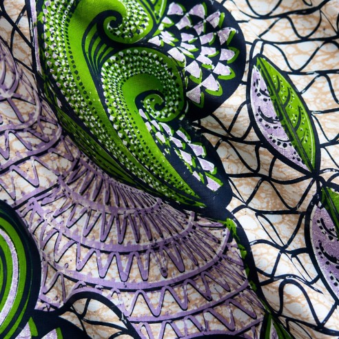Tissu Wax Hollantex Vert Émeraude - Motifs Végétaux & Spirales Graphiques