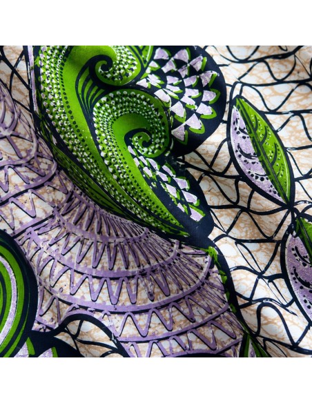 Tissu Wax Hollantex Vert Émeraude - Motifs Végétaux & Spirales Graphiques