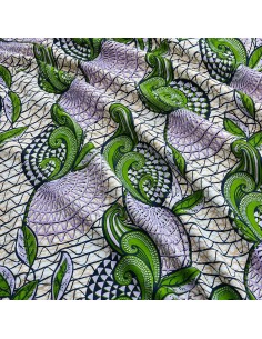 Tissu Wax Hollantex Vert Émeraude - Motifs Végétaux & Spirales Graphiques