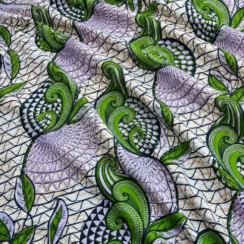 Tissu Wax Hollantex Vert Émeraude - Motifs Végétaux & Spirales Graphiques