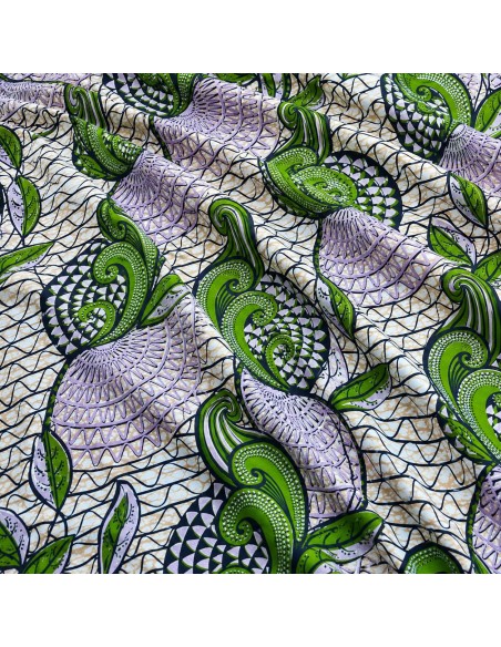 Tissu Wax Hollantex Vert Émeraude - Motifs Végétaux & Spirales Graphiques
