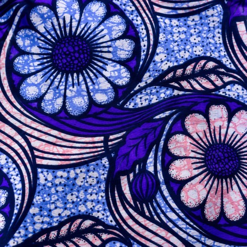 Tissu Wax Hollantex Bleu Lavande - Motifs Floraux Ondoyants