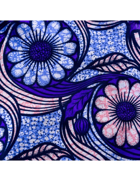 Tissu Wax Hollantex Bleu Lavande - Motifs Floraux Ondoyants