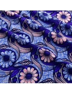 Tissu Wax Hollantex Bleu Lavande - Motifs Floraux Ondoyants