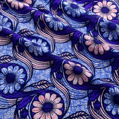 Tissu Wax Hollantex Bleu Lavande - Motifs Floraux Ondoyants