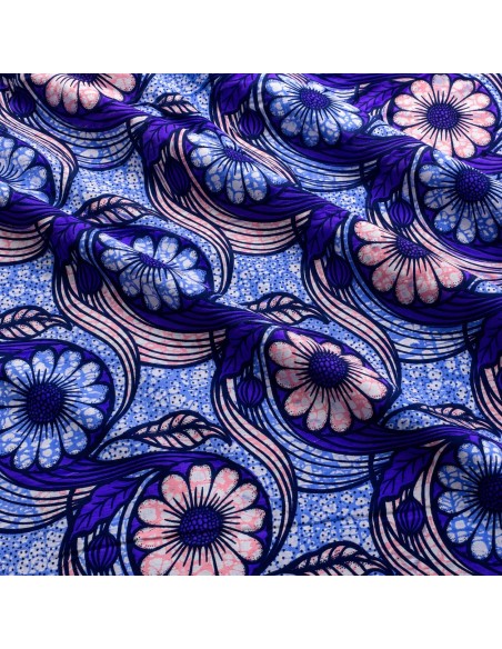 Tissu Wax Hollantex Bleu Lavande - Motifs Floraux Ondoyants