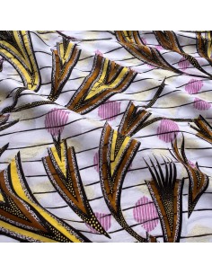 Tissu Wax Hollantex Blanc & Ocre - Motifs Feuillages Stylisés
