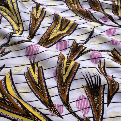 Tissu Wax Hollantex Blanc & Ocre - Motifs Feuillages Stylisés
