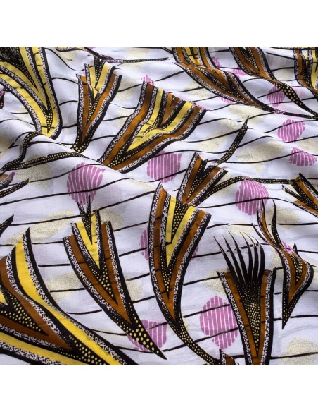 Tissu Wax Hollantex Blanc & Ocre - Motifs Feuillages Stylisés