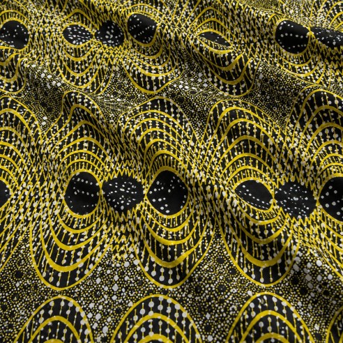 Tissu Wax Jaune Or & Noir - Motifs Ondulés Graphiques