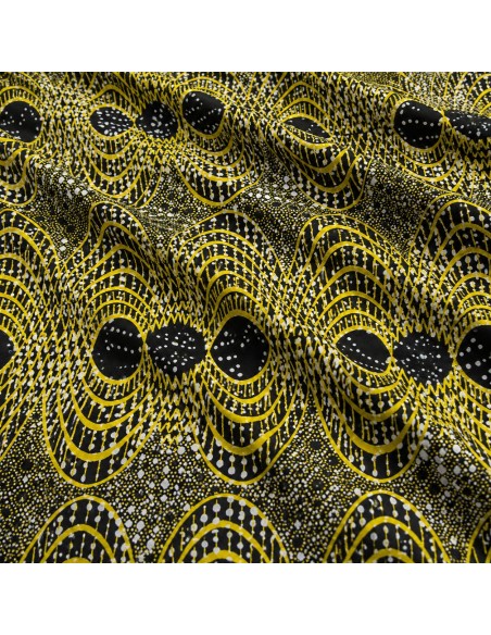 Tissu Wax Jaune Or & Noir - Motifs Ondulés Graphiques