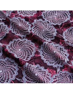 Tissu Wax Rose Framboise & Gris Argent - Rosaces Florales Graphiques