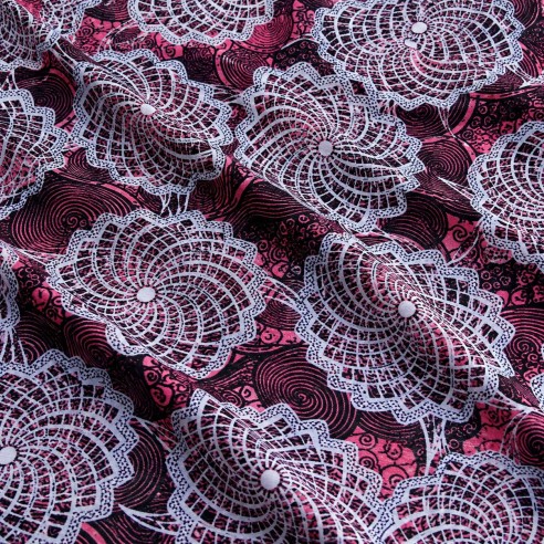 Tissu Wax Rose Framboise & Gris Argent - Rosaces Florales Graphiques