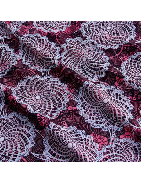 Tissu Wax Rose Framboise & Gris Argent - Rosaces Florales Graphiques