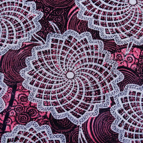 Tissu Wax Rose Framboise & Gris Argent - Rosaces Florales Graphiques