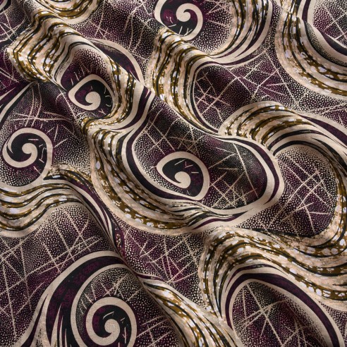 Tissu Wax Prune & Beige - Motifs Spirales Élégantes
