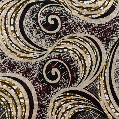 Tissu wax volutes graphiques prune, beige et noir
