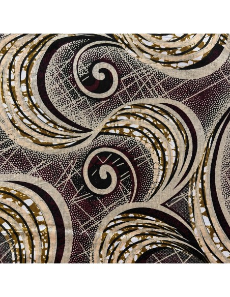 Tissu wax volutes graphiques prune, beige et noir