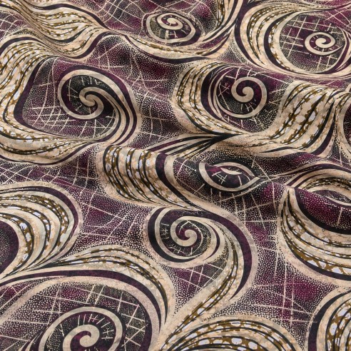 Tissu wax volutes graphiques prune, beige et noir