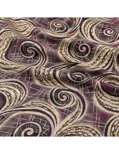 Tissu wax volutes graphiques prune, beige et noir