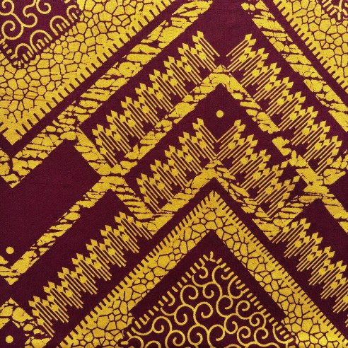 Tissu wax bordeaux et jaune doré à motifs graphiques