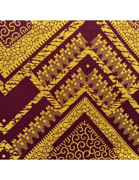 Tissu wax bordeaux et jaune doré à motifs graphiques